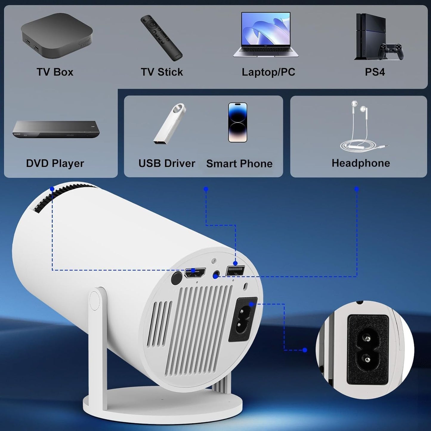 Portable Mini Projector, 4K 1080P Full HD Projector, Support Video Projector