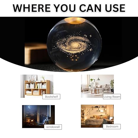 One94Store 3D Galaxy Crystal Ball Night Lamp - Engraved USB Table LED Wooden Light for Home Office Decoration and Birthday Gift (Galaxy)(Warm White)