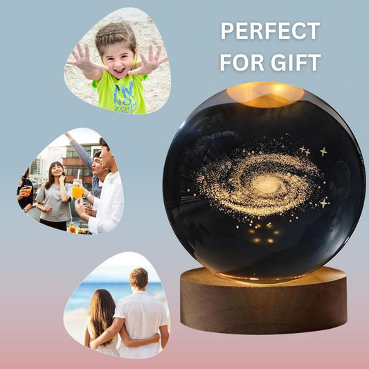 One94Store 3D Galaxy Crystal Ball Night Lamp - Engraved USB Table LED Wooden Light for Home Office Decoration and Birthday Gift (Galaxy)(Warm White)