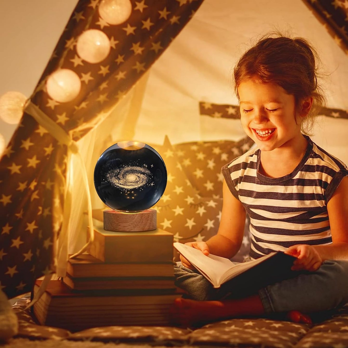 One94Store 3D Galaxy Crystal Ball Night Lamp - Engraved USB Table LED Wooden Light for Home Office Decoration and Birthday Gift (Galaxy)(Warm White)